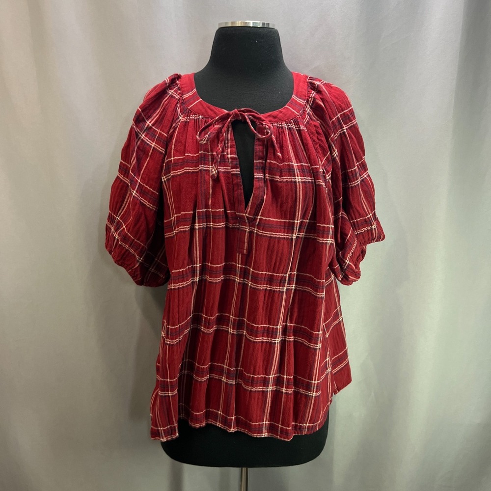 Loft Tie Neck Blouse Top Womens XL Red Plaid Cotton Stretch Puff Sleeve Casual